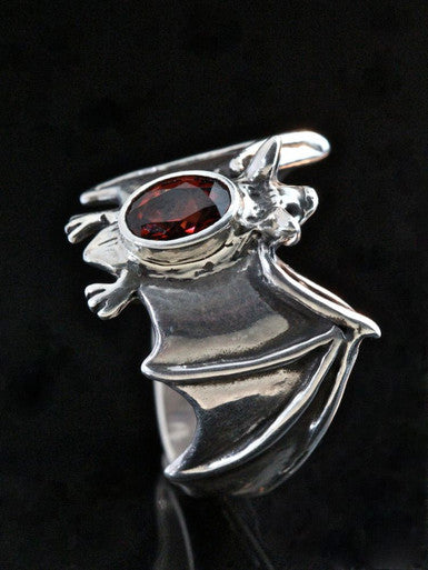 Classic Bat Ring with Gemstone Back - Silver