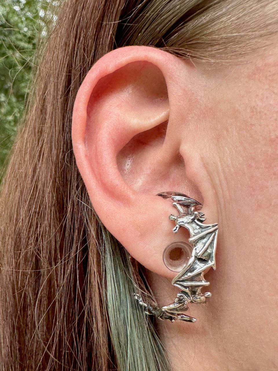 Bat Flock Ear Hoop - Silver -  on right ear