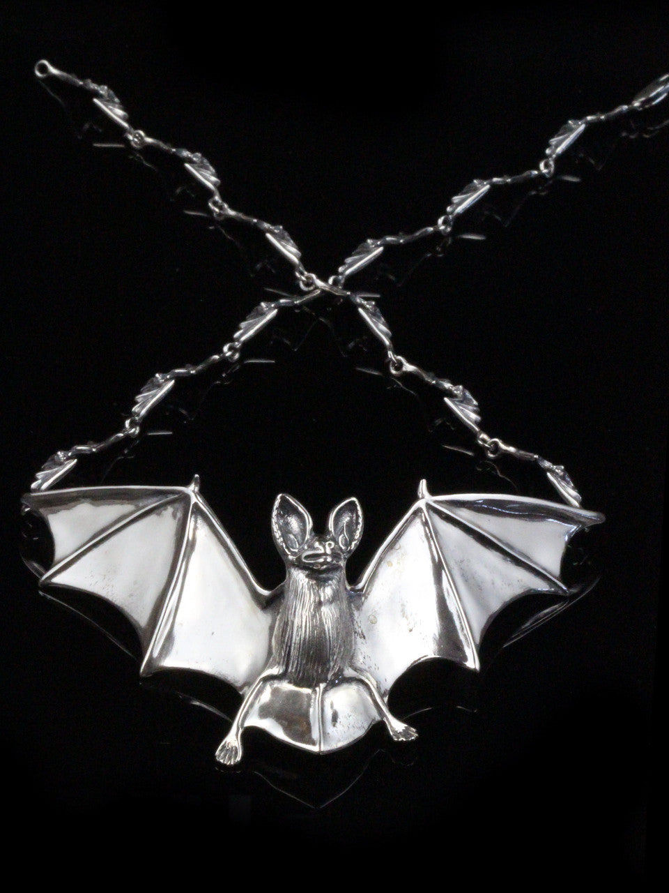 Sterling silver Bat Neckpiece with 12 link Bat Chain and Ruby eyes
