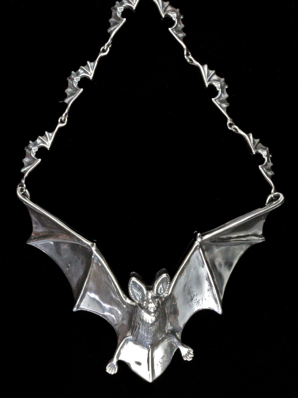 Sterling silver Bat Neckpiece with 12 link Bat Chain and Ruby eyes