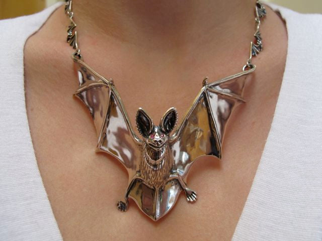 Sterling silver Bat Neckpiece with 12 link Bat Chain and Ruby eyes