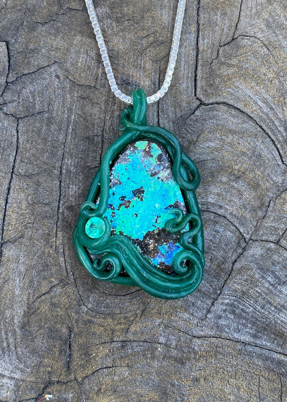 Bermuda Bliss Australian Boulder Opal Wave Pendant Wax with 3.5mm Tsavorite