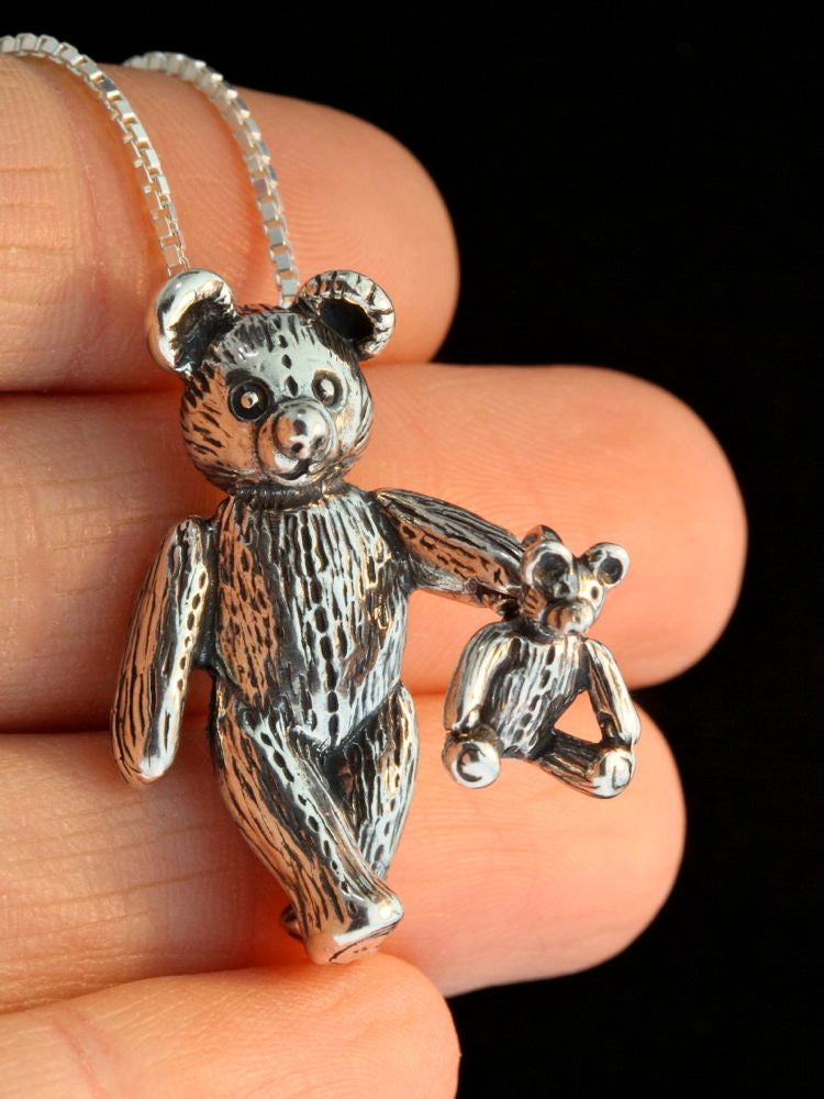 Teddy Bears - Large Bear with Baby Bear Pendant Silver