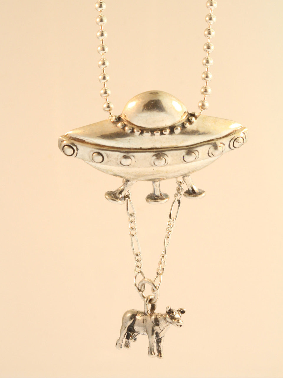 Flying Saucer U.F.O. Pendant with Abducted Cow - Silver