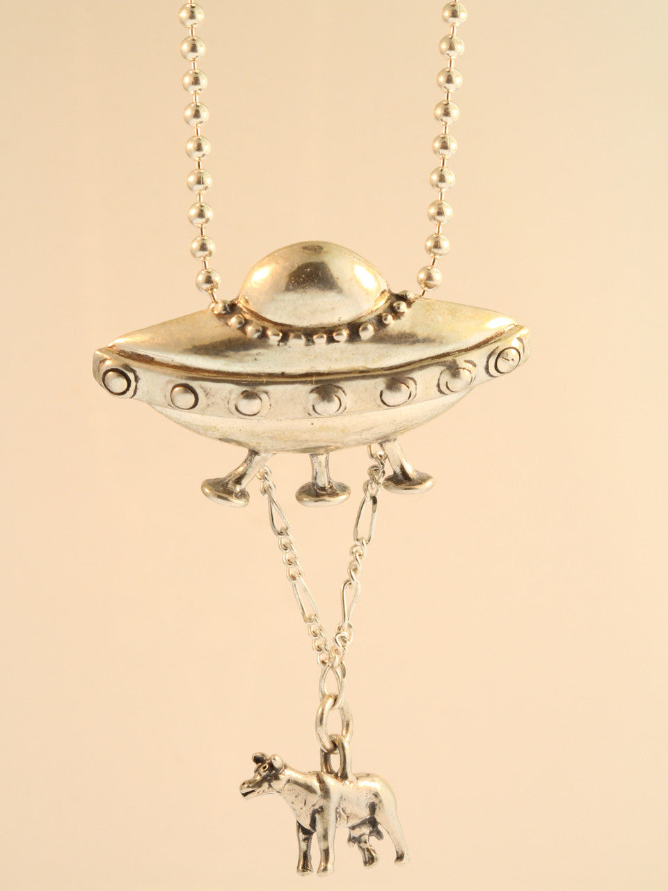 Flying Saucer U.F.O. Pendant with Abducted Cow - Silver