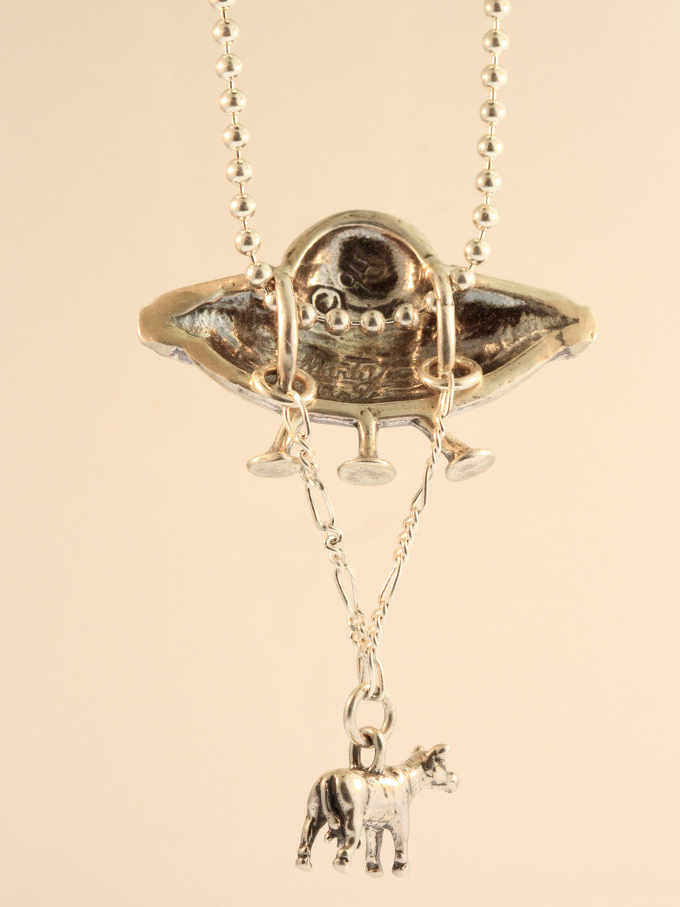 Reverse - Flying Saucer U.F.O. Pendant with Abducted Cow - Silver