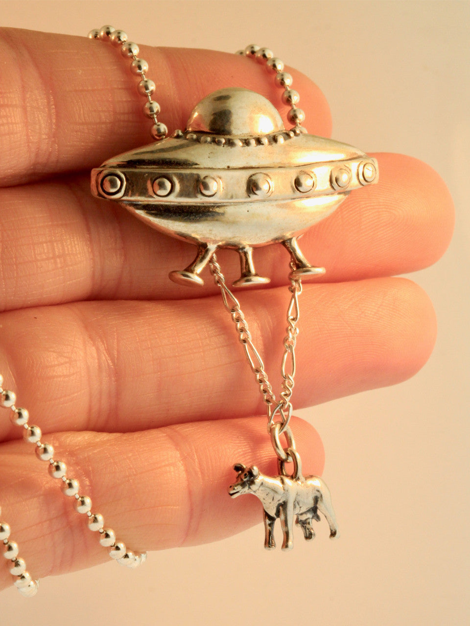 Flying Saucer U.F.O. Pendant with Abducted Cow - Silver