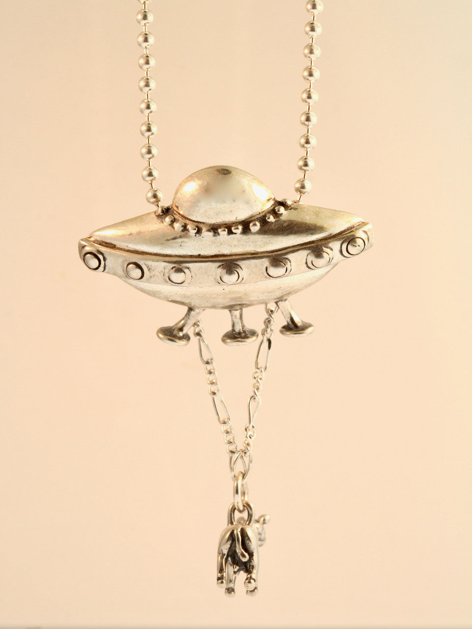 Flying Saucer U.F.O. Pendant with Abducted Cow - Silver