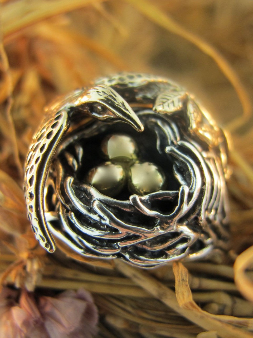 Bird and Bird Nest Ring with Golden Eggs - 14K gold and Silver