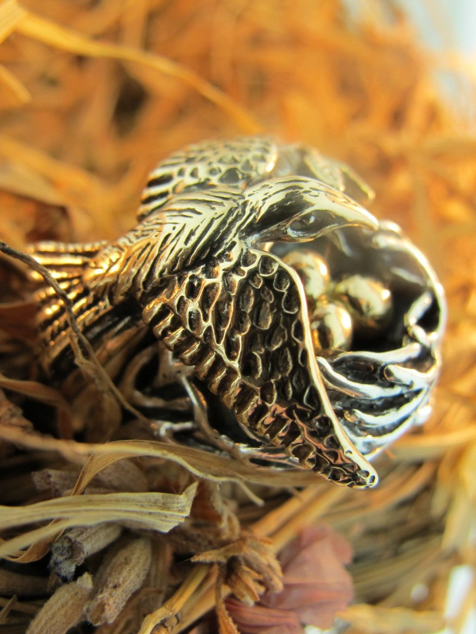 Bird and Bird Nest Ring with Golden Eggs - 14K gold and Silver