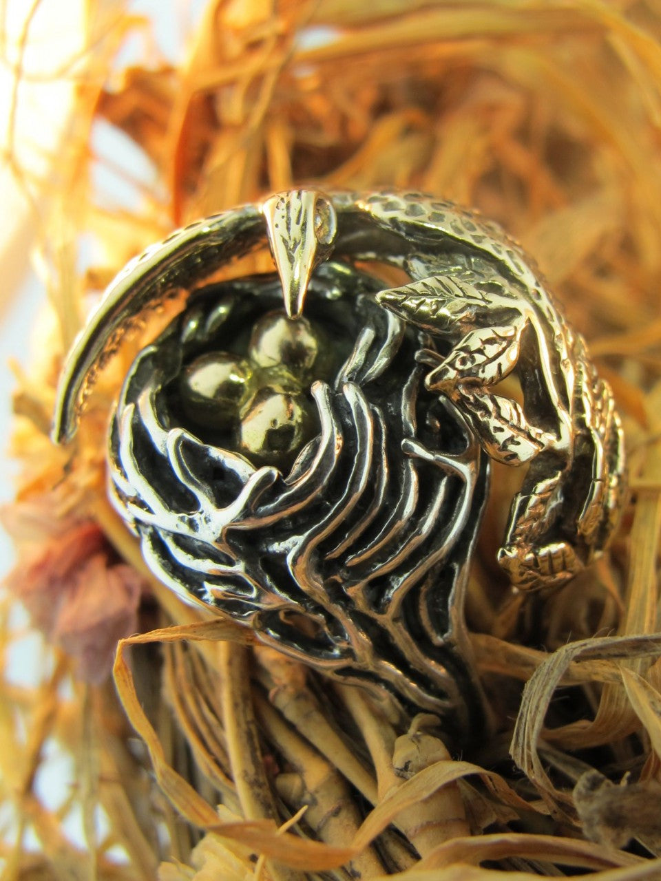 Bird and Bird Nest Ring with Golden Eggs - 14K gold and Silver