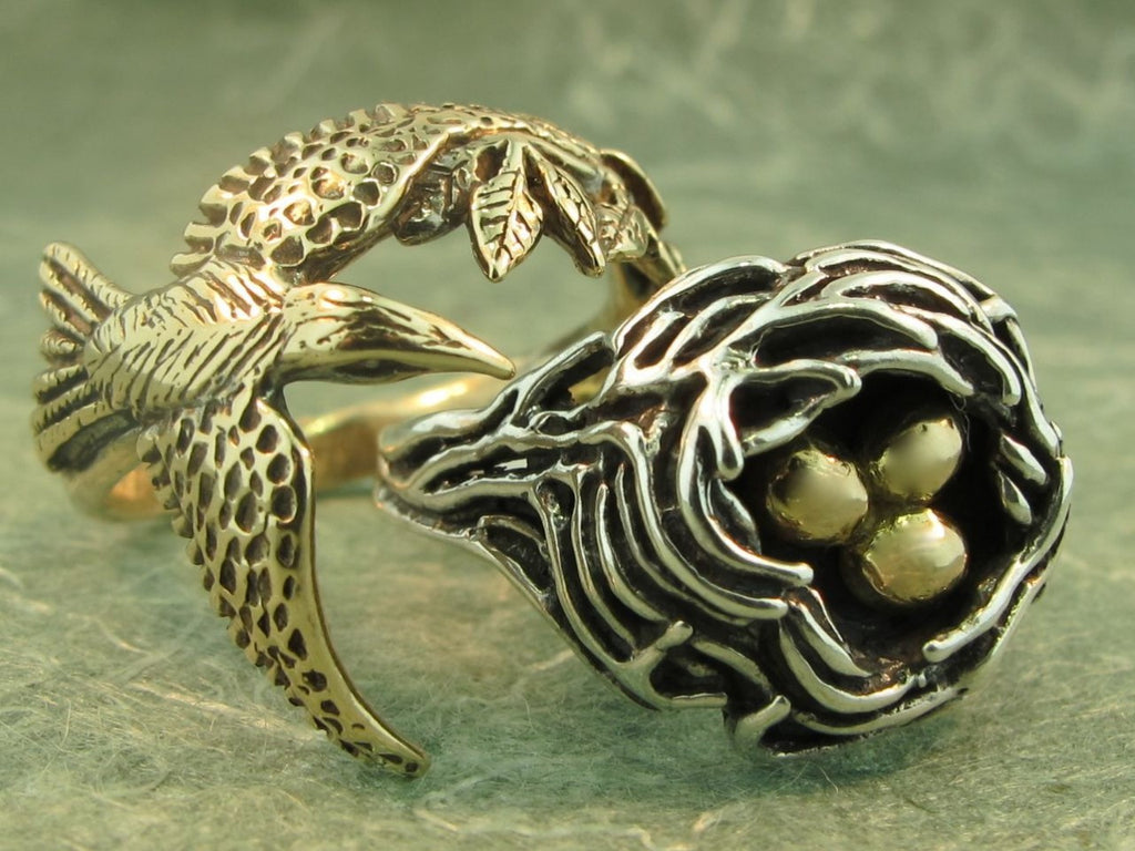 Bird and Bird Nest Ring with Golden Eggs - 14K gold and Silver