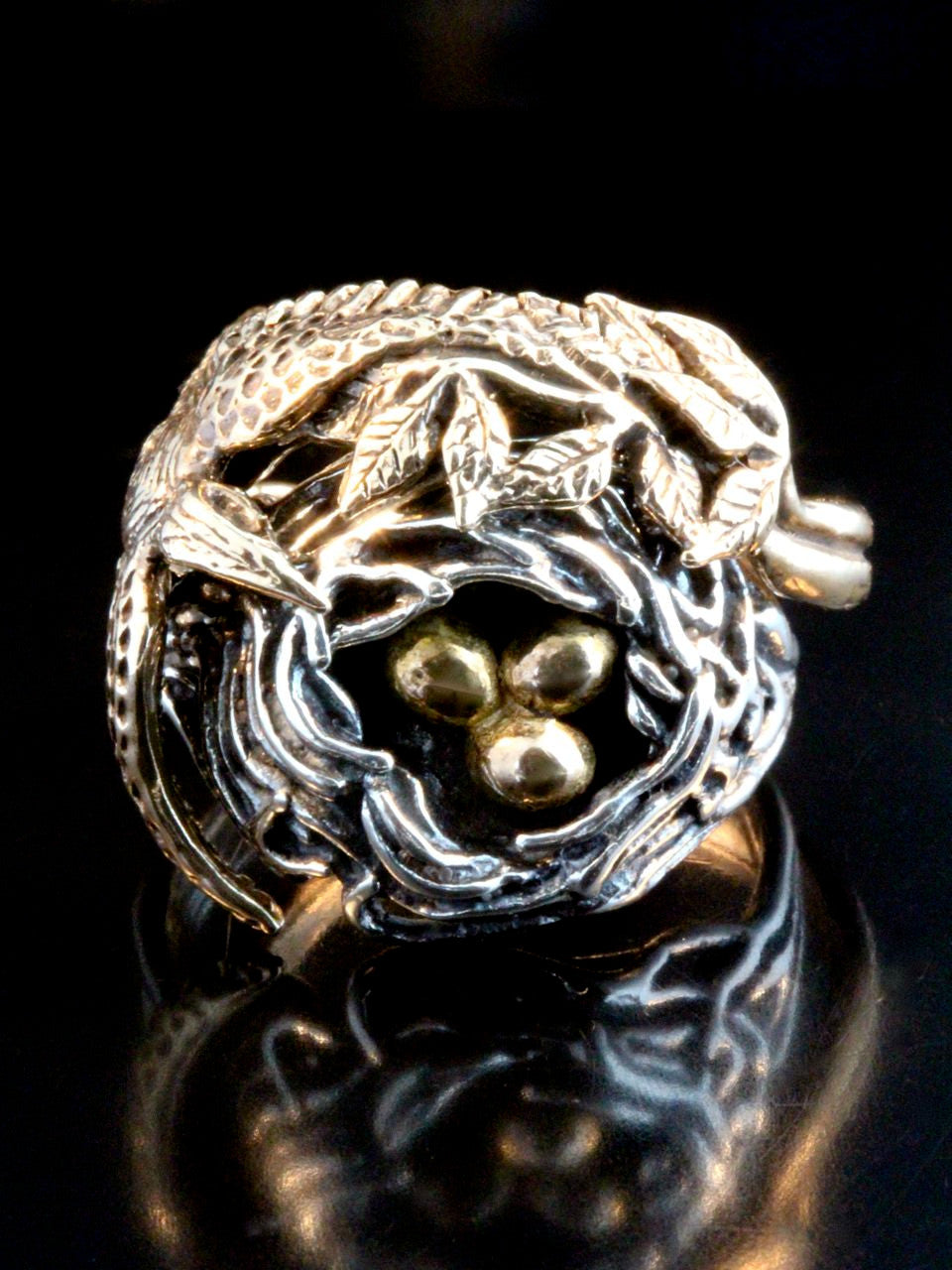 Bird and Bird Nest Ring with Golden Eggs - 14K gold and Silver