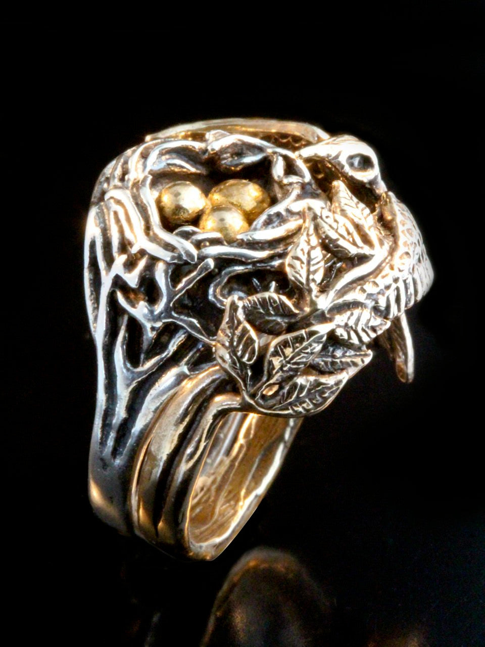 Bird and Bird Nest Ring with Golden Eggs - 14K gold and Silver