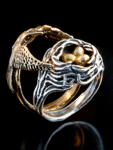 Bird and Bird Nest Ring with Golden Eggs - 14K gold and Silver