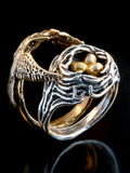 Bird and Bird Nest Ring with Golden Eggs - 14K gold and Silver