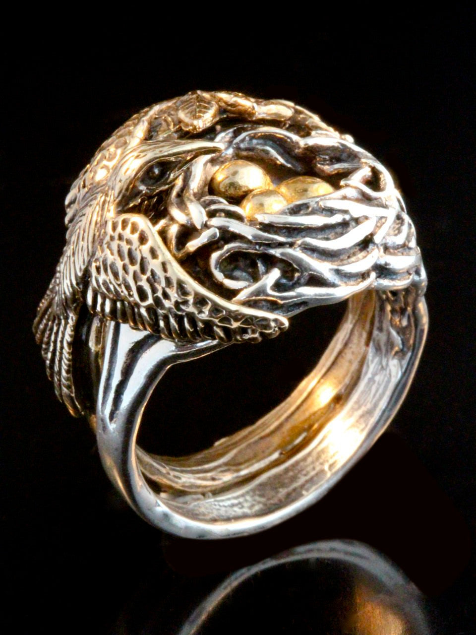 Bird and Bird Nest Ring with Golden Eggs - 14K gold and Silver
