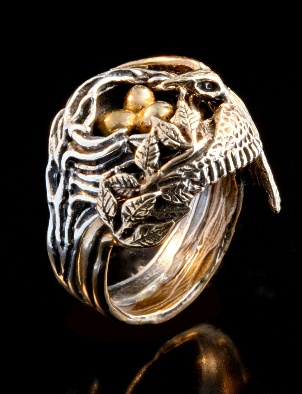 Bird and Bird Nest Ring with Golden Eggs - 14K gold and Silver
