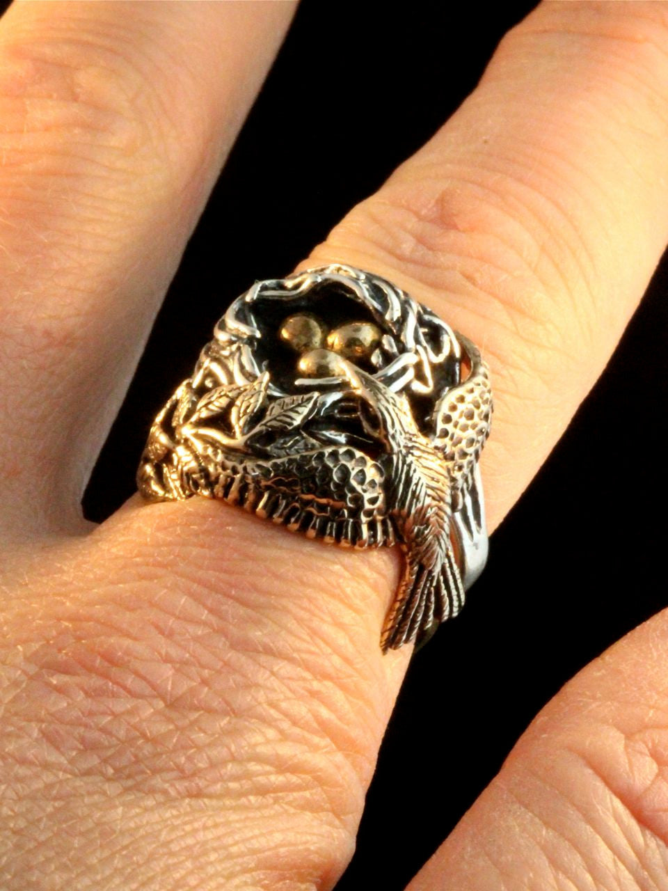 Bird and Bird Nest Ring with Golden Eggs - 14K gold and Silver