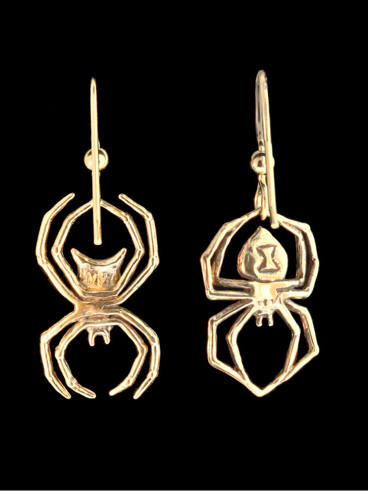 Black Widow and Orb Weaving Spider Earrings in 14K Gold