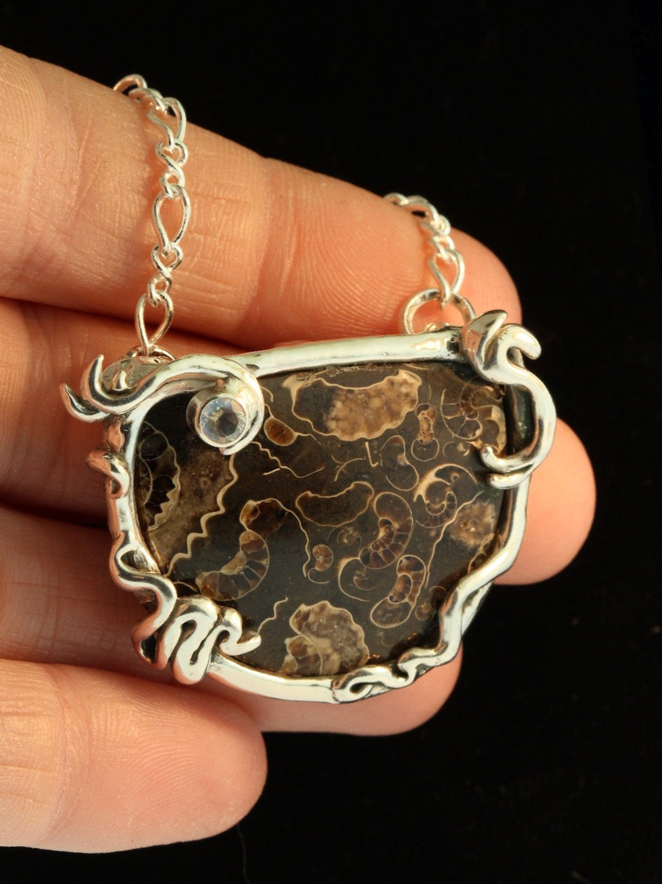 Marston Marble Ammonite Neckpiece with Rainbow Moonstone