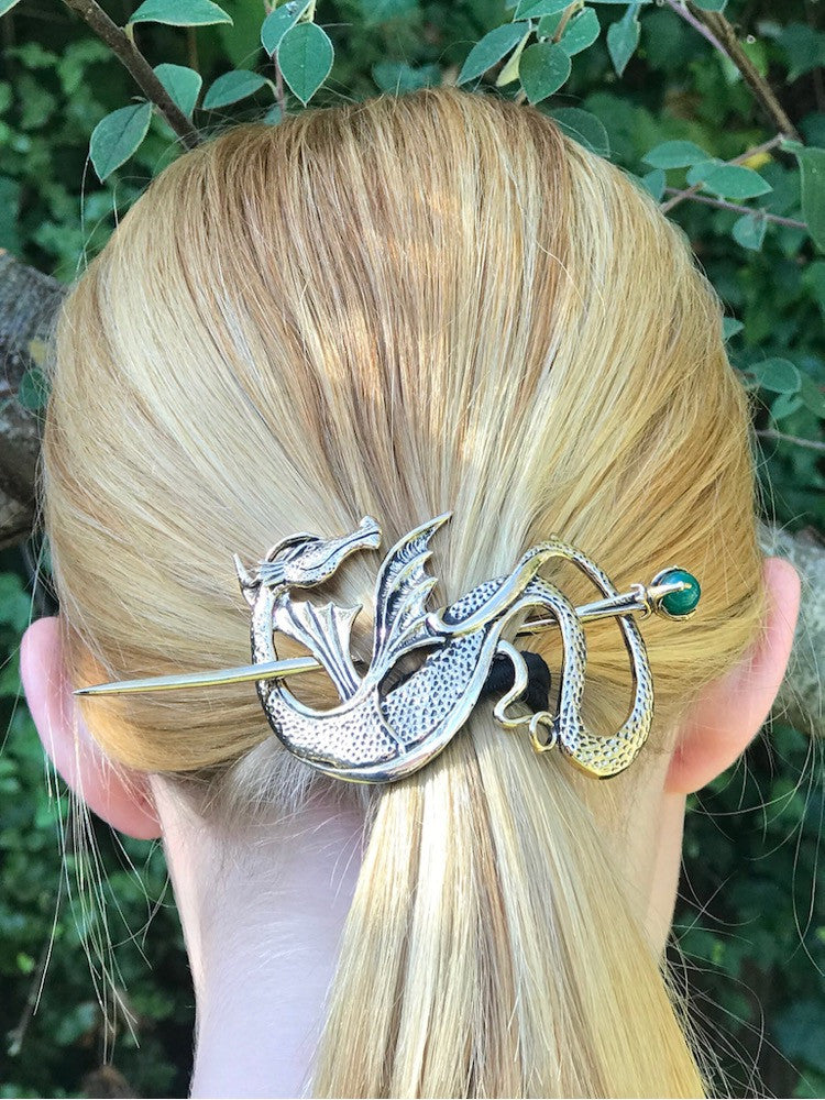 Wyvern Dragon Barrette Bronze w/ Green Onyx Sphere