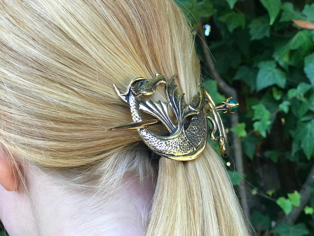 Wyvern Dragon Barrette Bronze w/ Green Onyx Sphere