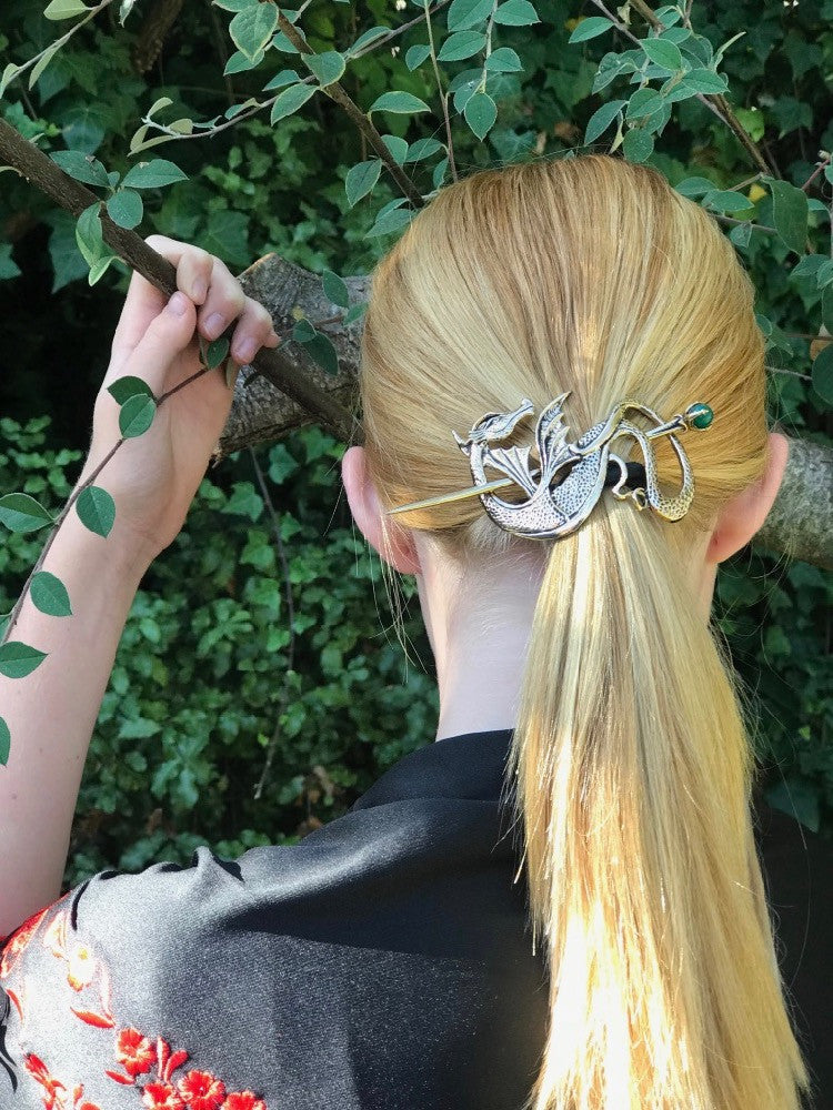 Wyvern Dragon Barrette Bronze w/ Green Onyx Sphere