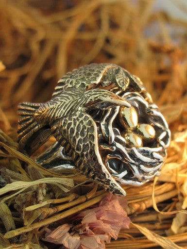 Bird and Bird Nest Ring - Silver Nest and Bronze Bird and Eggs