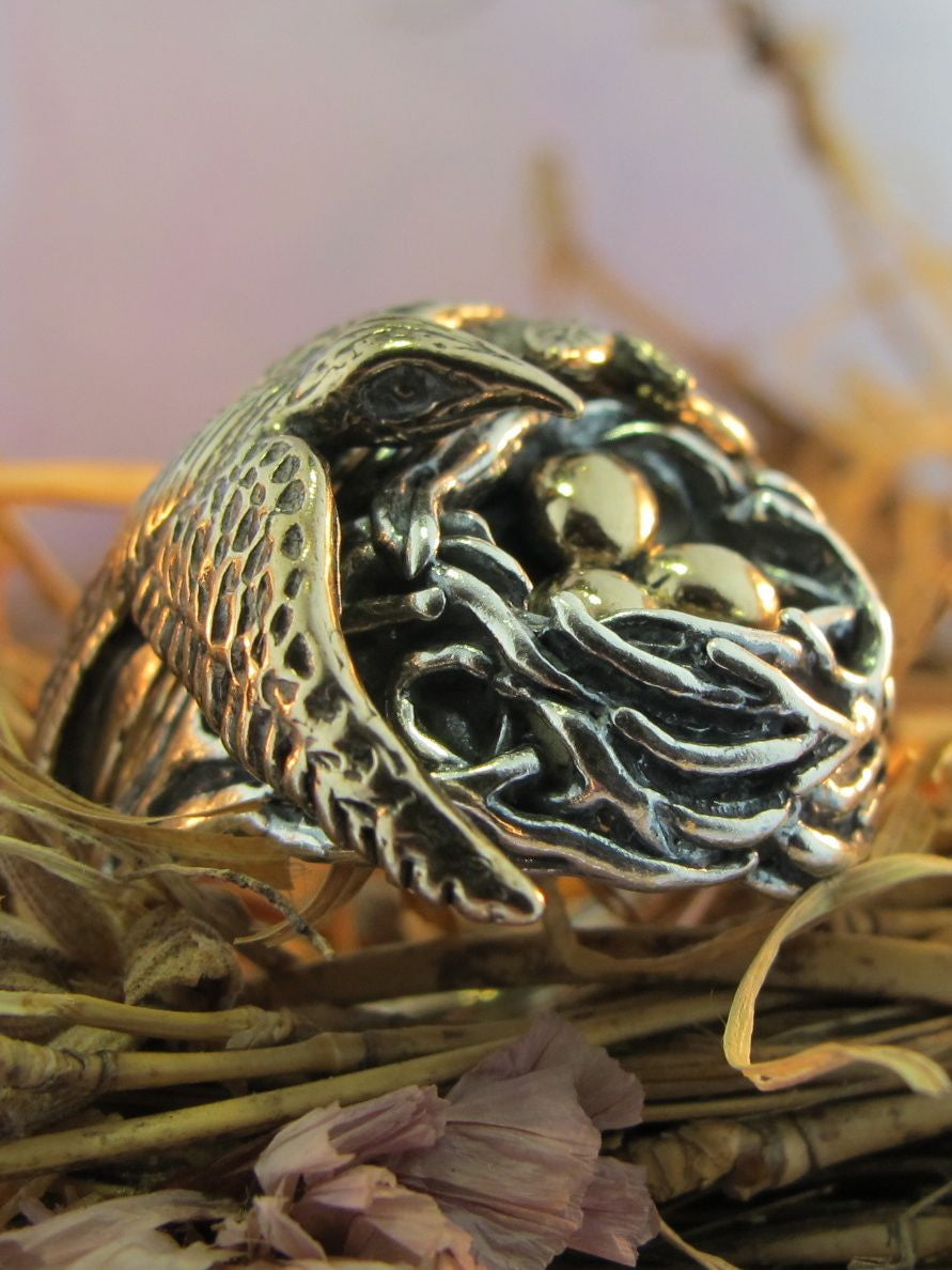 Bird and Bird Nest Ring - Silver Nest and Bronze Bird and Eggs