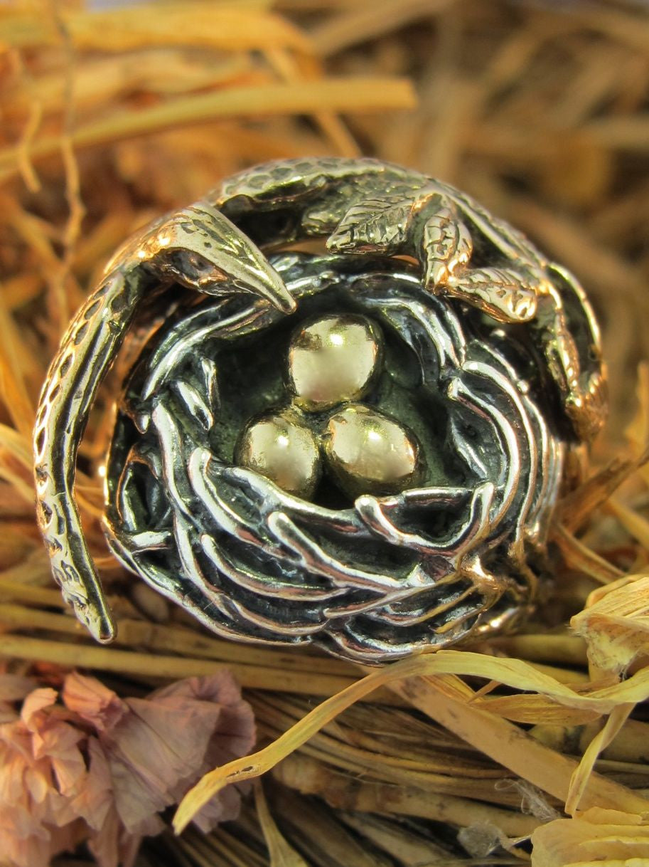 Bird and Bird Nest Ring - Silver Nest and Bronze Bird and Eggs