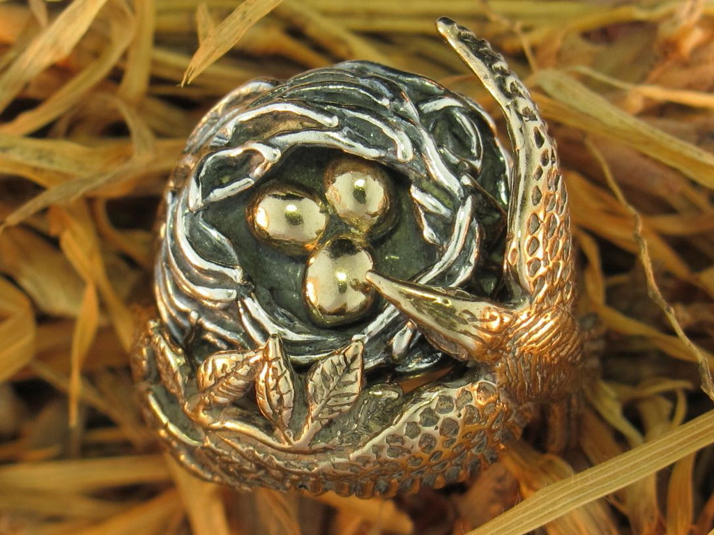 Bird and Bird Nest Ring - Silver Nest and Bronze Bird and Eggs