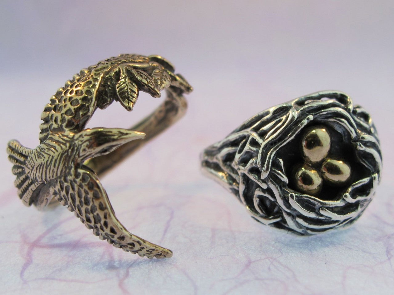 Bird and Bird Nest Ring - Sterling Silver Nest and Bronze Bird and