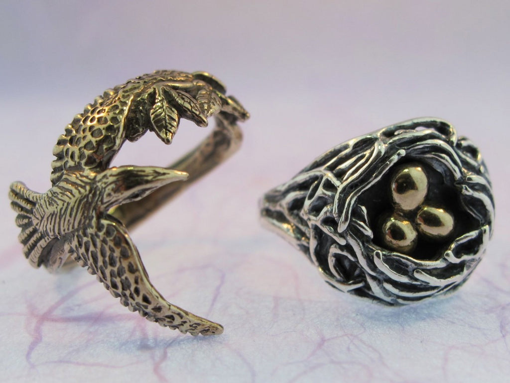 Bird and Bird Nest Ring - Silver Nest and Bronze Bird and Eggs