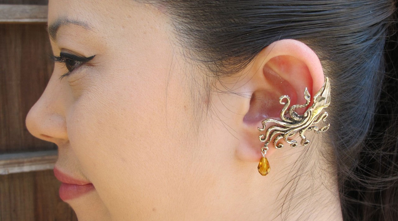 Kraken Squid Ear Cuff with Swarovski Briolette Drop - Bronze