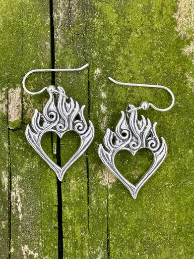 Burning Love Heart Earrings - Sterling Silver