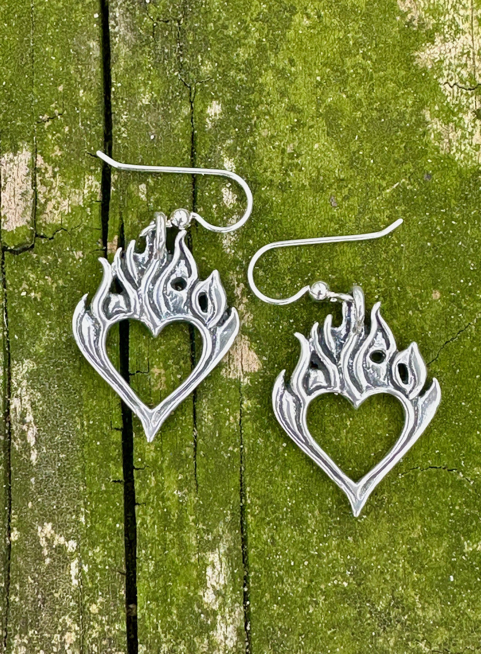 Burning Love Heart Earrings - Silver