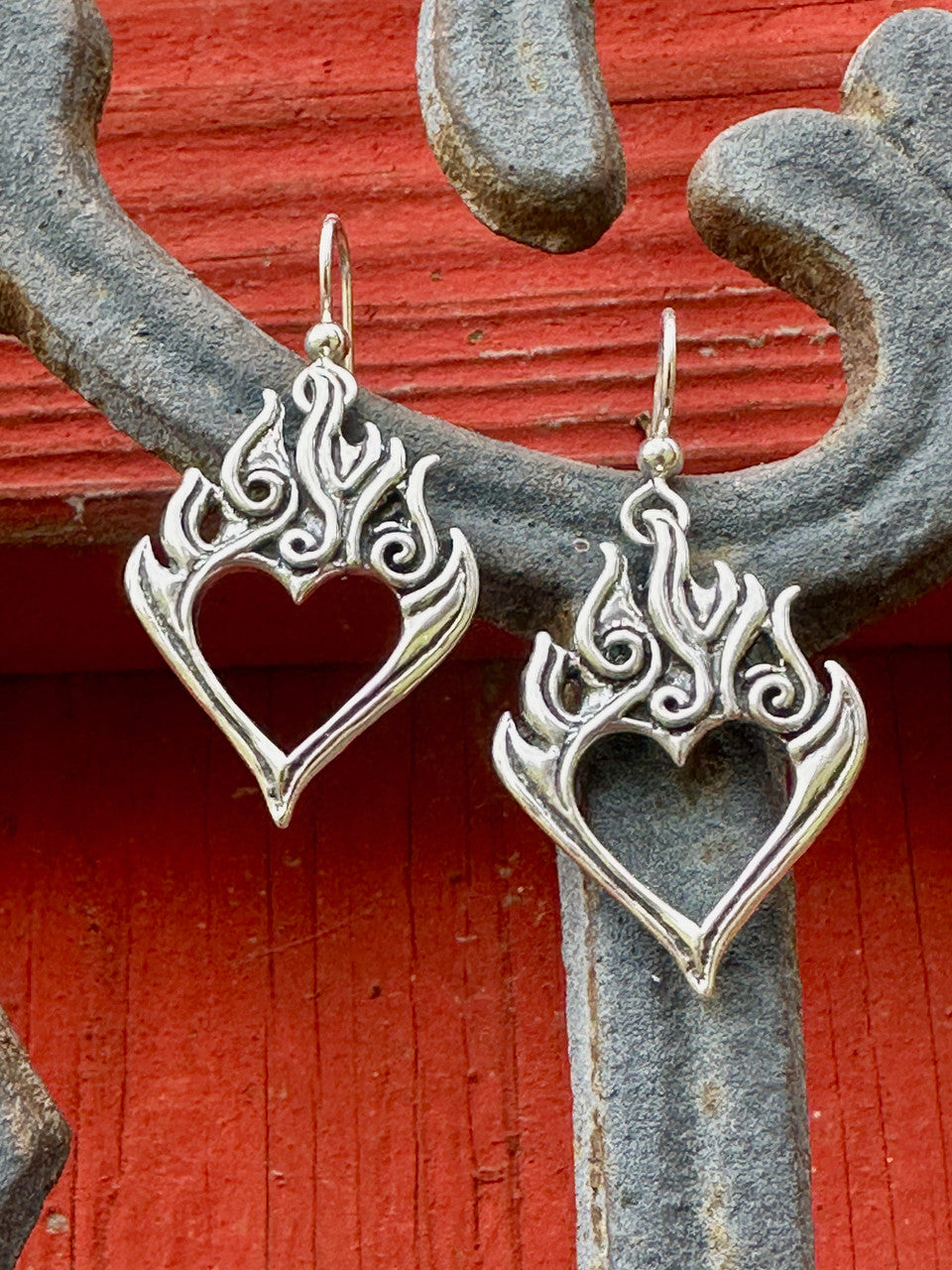 Burning Love Heart Earrings - Silver