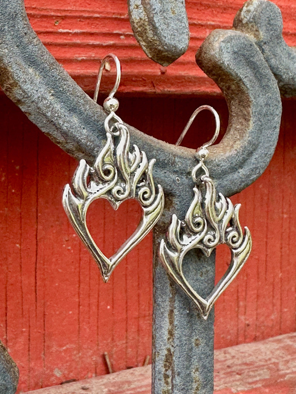Burning Love Heart Earrings - Silver