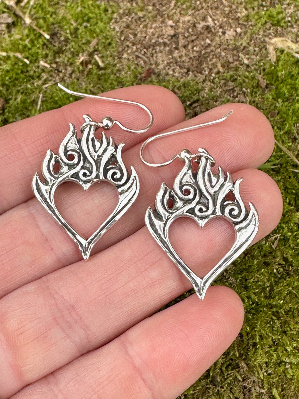 Burning Love Heart Earrings - Silver