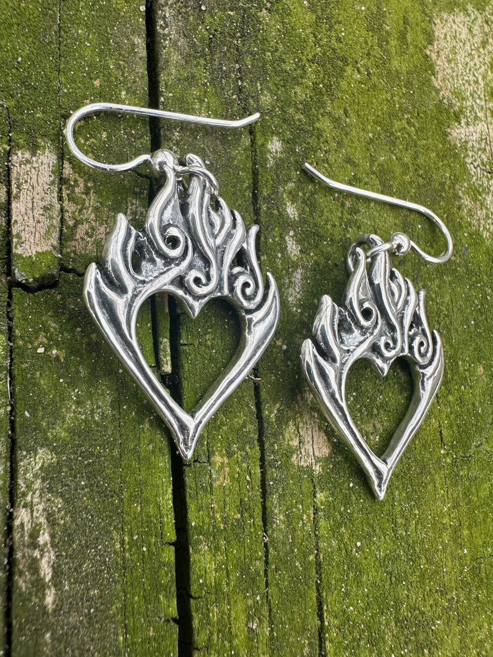 Burning Love Heart Earrings - Silver
