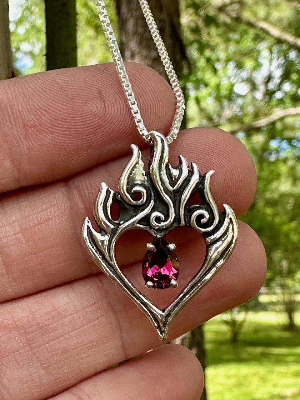 Burning Love Pendant with Rhodolite Garnet - Silver