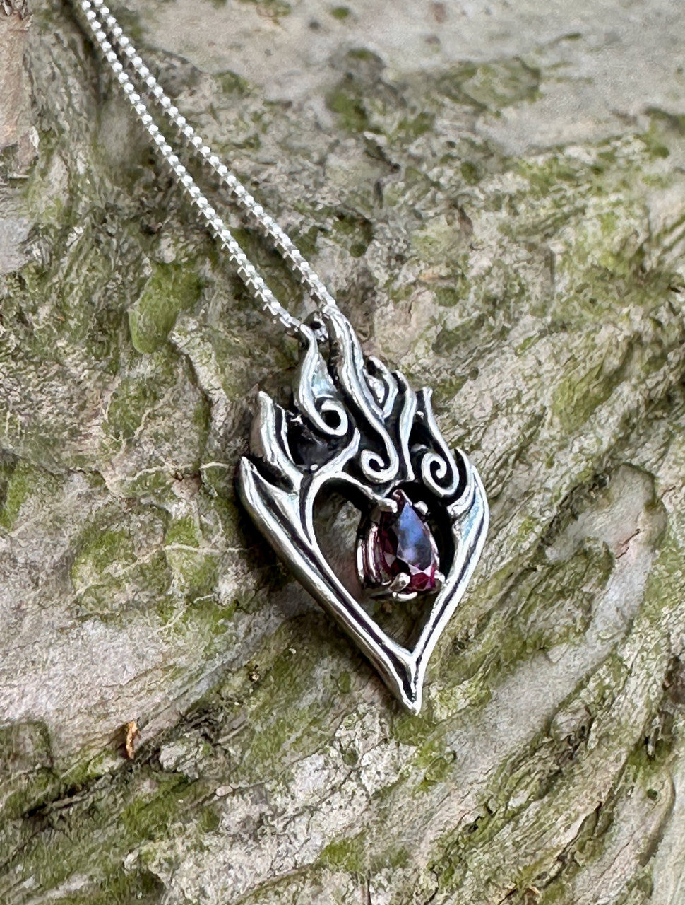 Burning Love Pendant with Rhodolite Garnet - Silver
