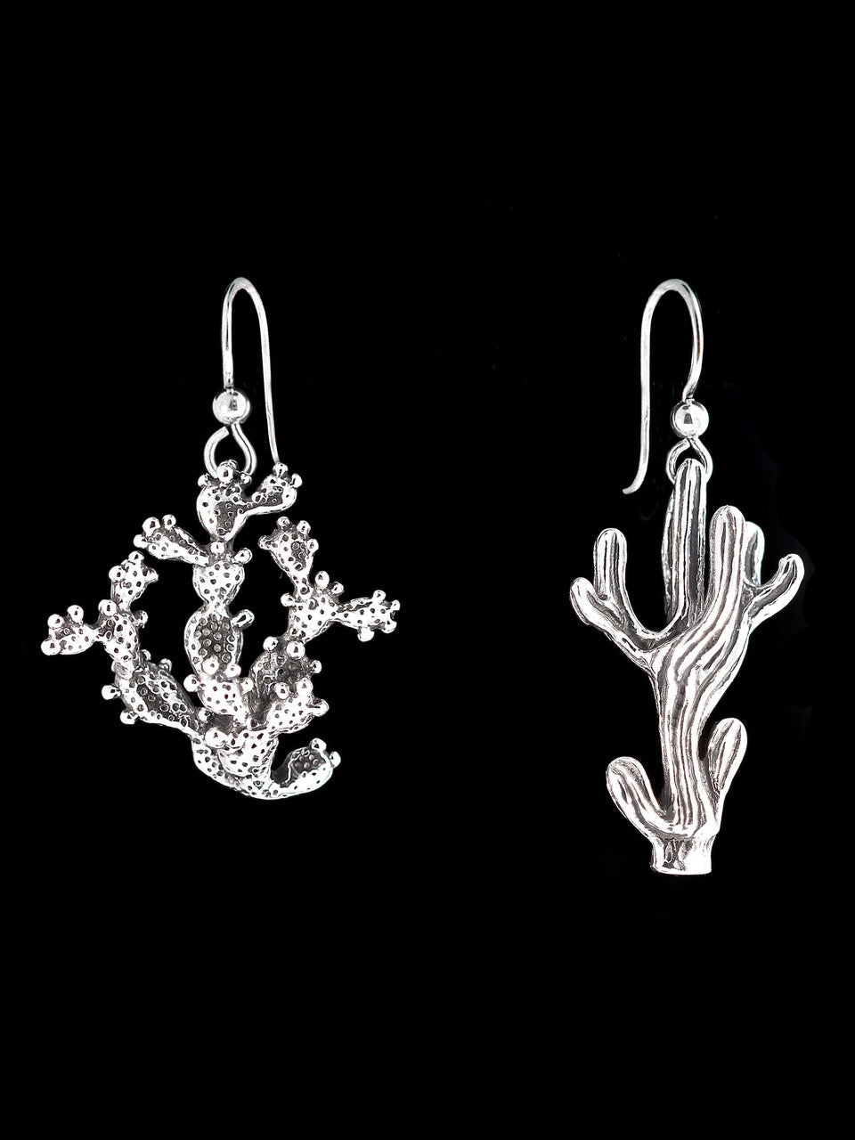 Saguaro And Nopal Cactus Charm Earrings - Silver