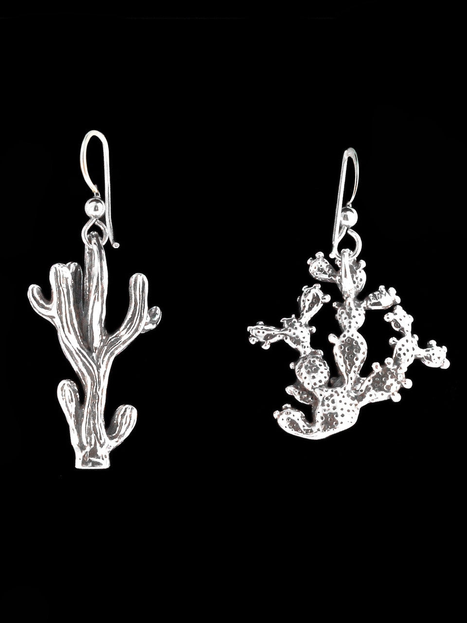 Saguaro And Nopal Cactus Charm Earrings - Silver