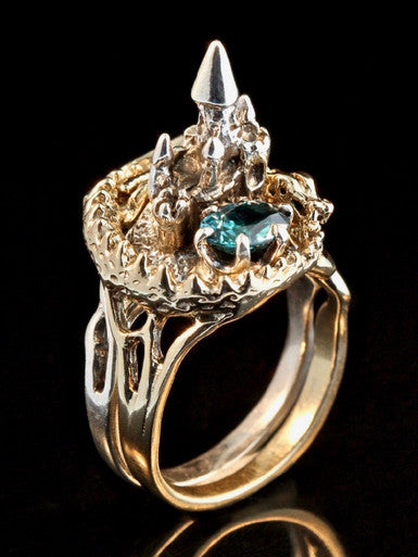 Castle Dragon Ring with Blue Zircon - 14K Gold and Silver