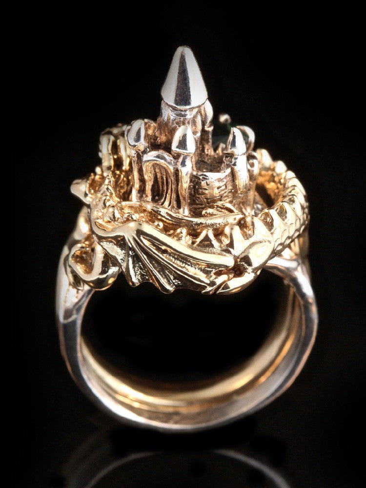 Castle Dragon Ring with Blue Zircon in 14K Gold and Silver