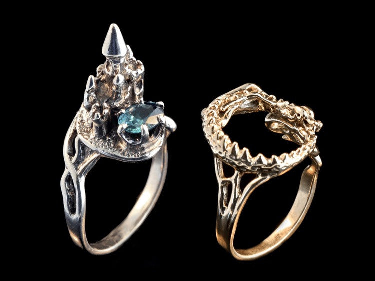 Castle Dragon Ring with Blue Zircon in 14K Gold and Silver