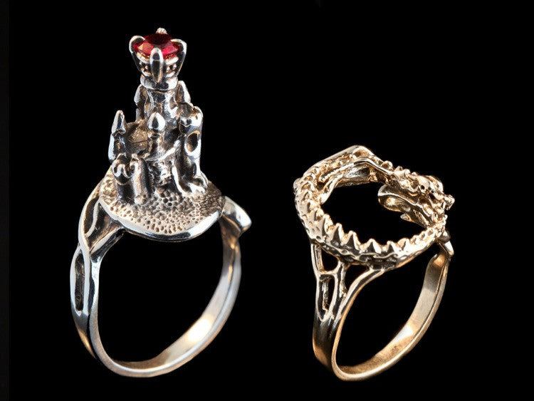 Castle Dragon Ring with Ruby - 14K Gold and Silver