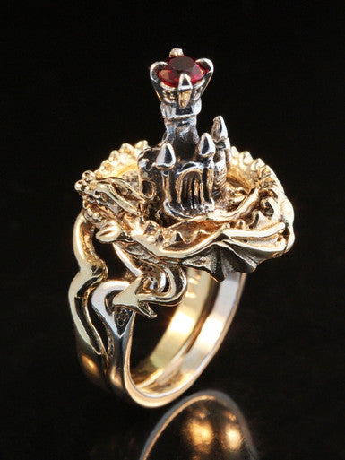 Castle Dragon Ring with Ruby - 14K Gold and Silver
